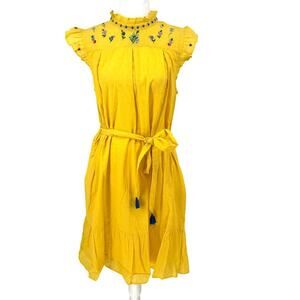 Banjanan Yellow Floral Embroidered Cotton Midi Dress Size L NWT Pockets OP $345